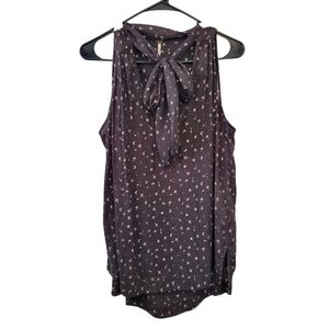 Free People Sleeveless Tie Neck Bow Tank Blouse Black Floral Size Medium